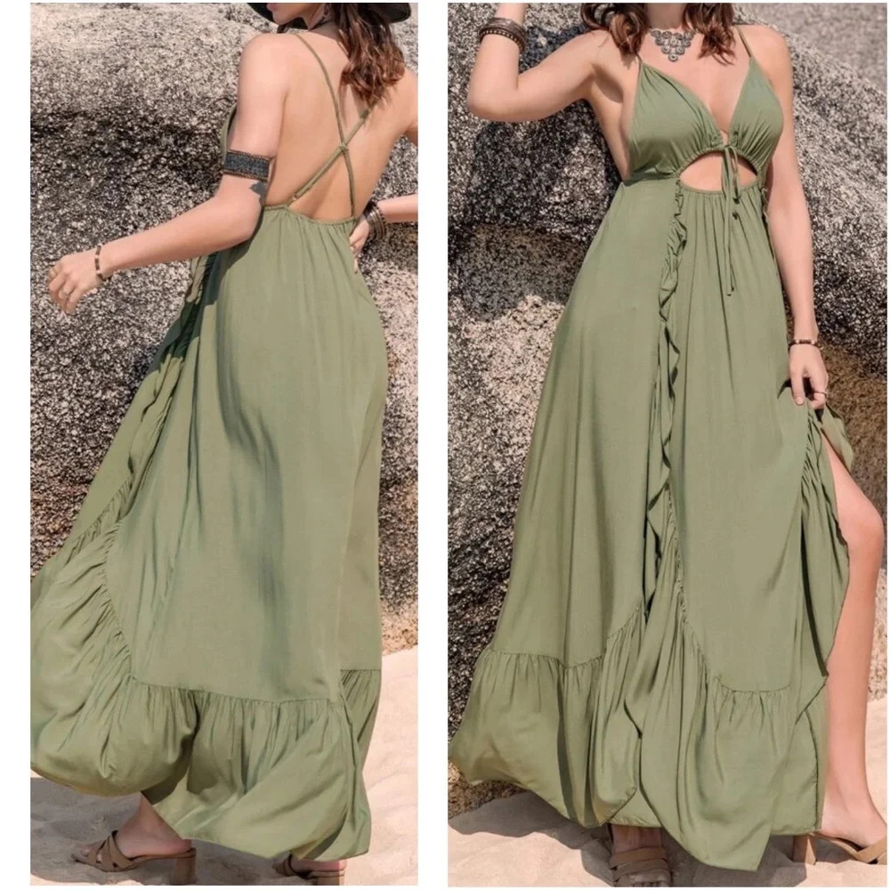 Ruffle Hem Criss Cross Backless Cami Maxi Dress - Picture 4 of 6